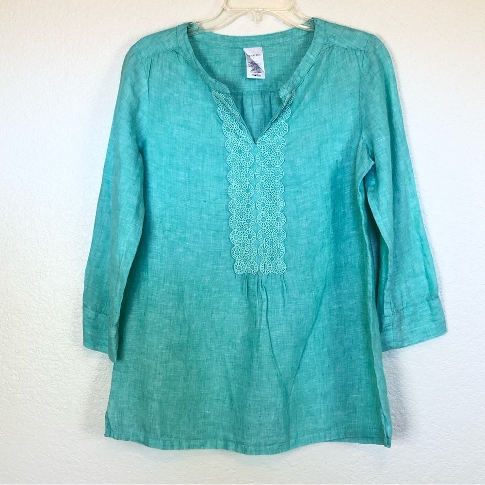 Lands End Linen Tunic Top V Neck Embroidered 3/4 Sleeves Size 8